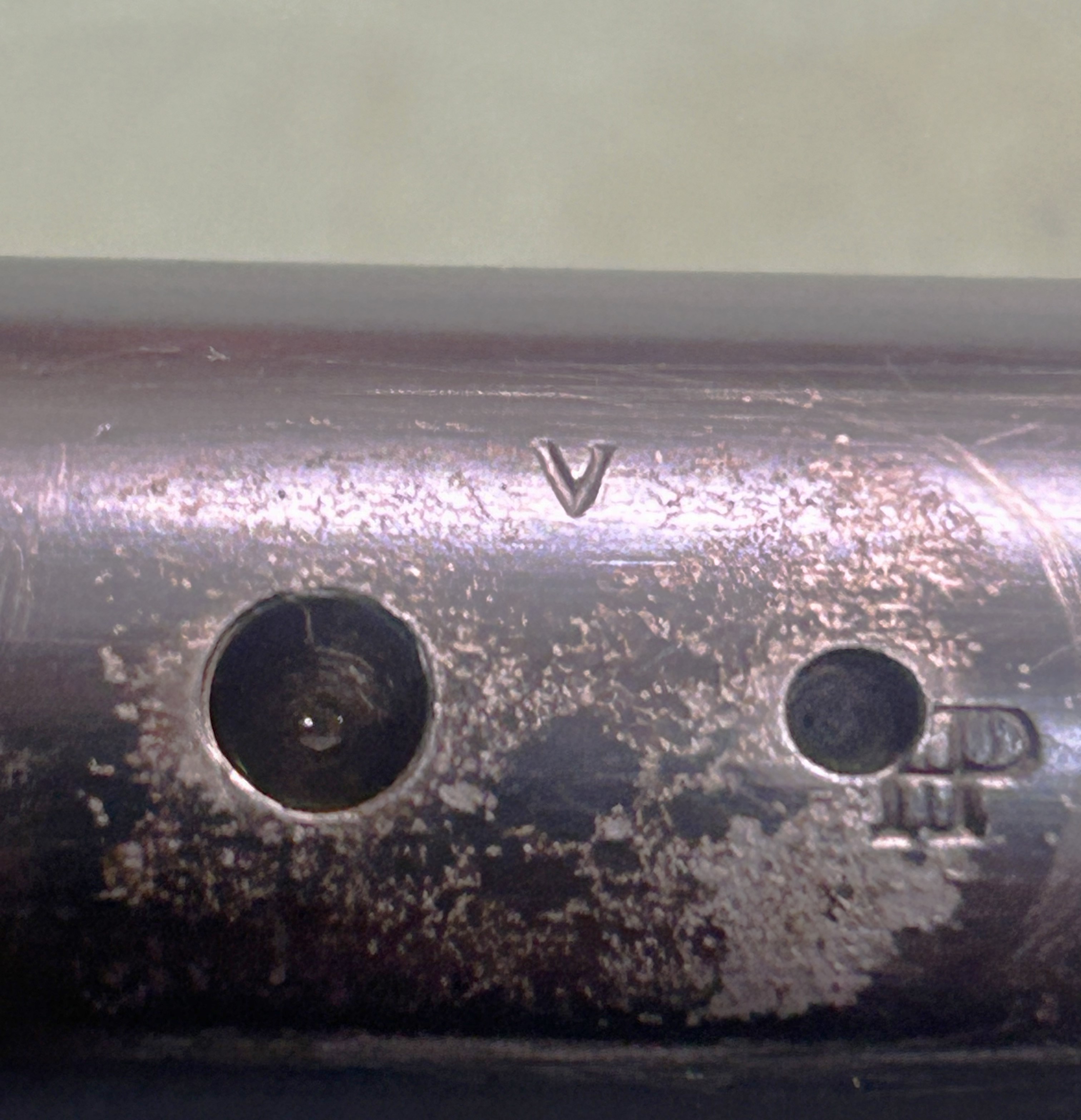 14 Stamped V and HP under Recoil Lug.JPG